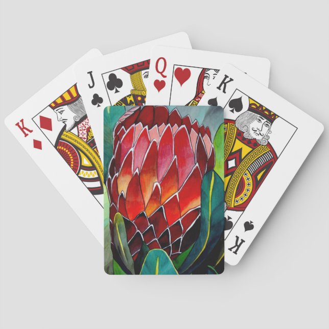 Red Protea flower original watercolour art Poker Cards (Back)