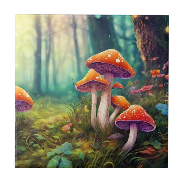 Red Psychedelic Mushrooms in the Forest Ceramic Tile (Front)