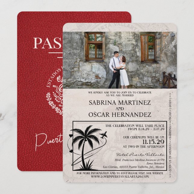 Red Puerta Vallarta Passport Wedding Invitation (Front/Back)