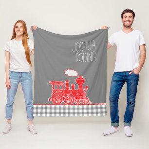 Red puffing steam train whimsy graphic fleece blanket