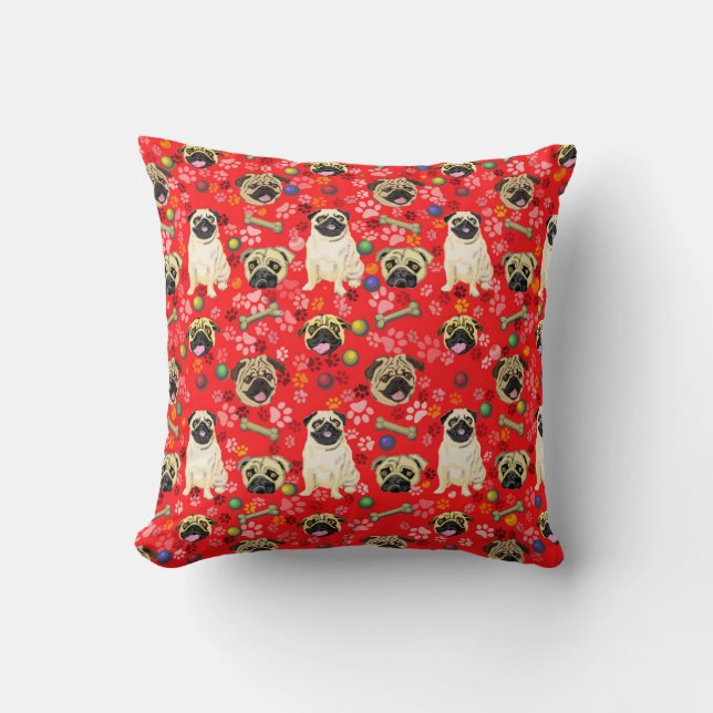 Red Pug Print Cushion (Front)