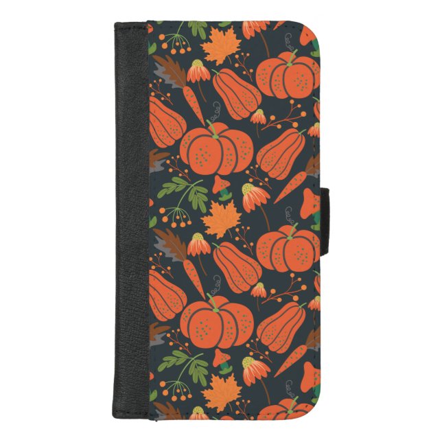 Red pumpkin seamless pattern and carrots iPhone wallet case (Front)