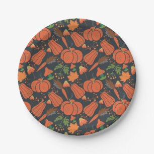 Red pumpkin seamless pattern and carrots paper plates