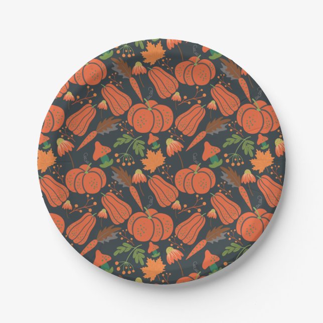 Red pumpkin seamless pattern and carrots paper plates (Front)