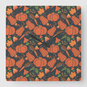 Red pumpkin seamless pattern and carrots square wall clock