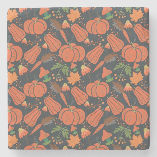 Red pumpkin seamless pattern and carrots stone coaster (Front)