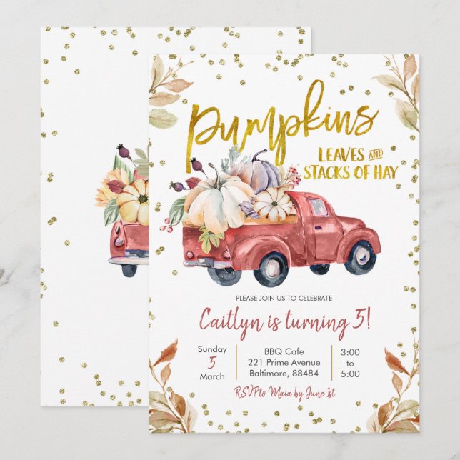Red Pumpkin Truck Birthday Invitation (Front/Back)
