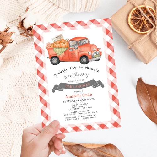 Red Pumpkin Truck Gingham Baby Shower Invitation