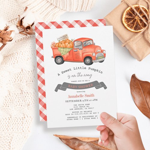 Red Pumpkin Truck Gingham Baby Shower Invitation