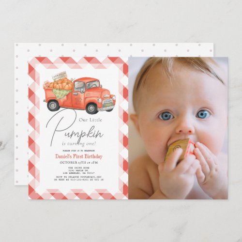 Red Pumpkin Truck Gingham Photo 1st Birthday Invitation