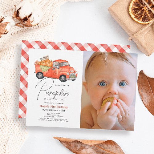 Red Pumpkin Truck Gingham Photo 1st Birthday Invitation