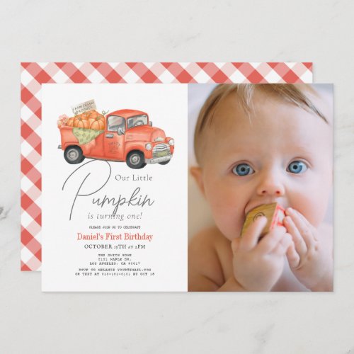 Red Pumpkin Truck Gingham Photo 1st Birthday Invitation