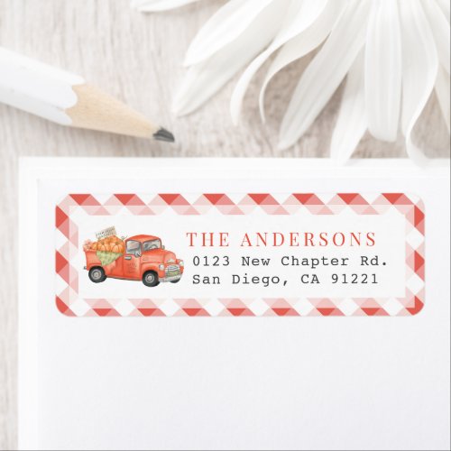 Red Pumpkin Truck Gingham Return Address Label