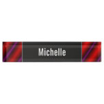 [ Thumbnail: Red, Purple and Black Laser-Like Line Pattern Desk Name Plate ]