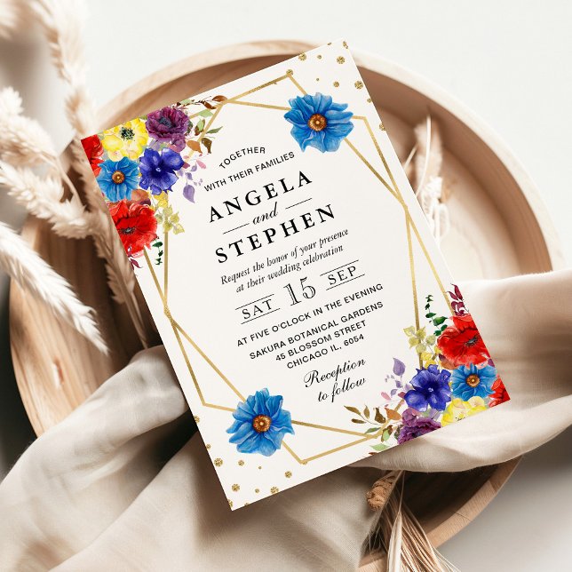 Red, Purple and Blue Summer Flowers Frame Wedding Invitation (Creator Uploaded)