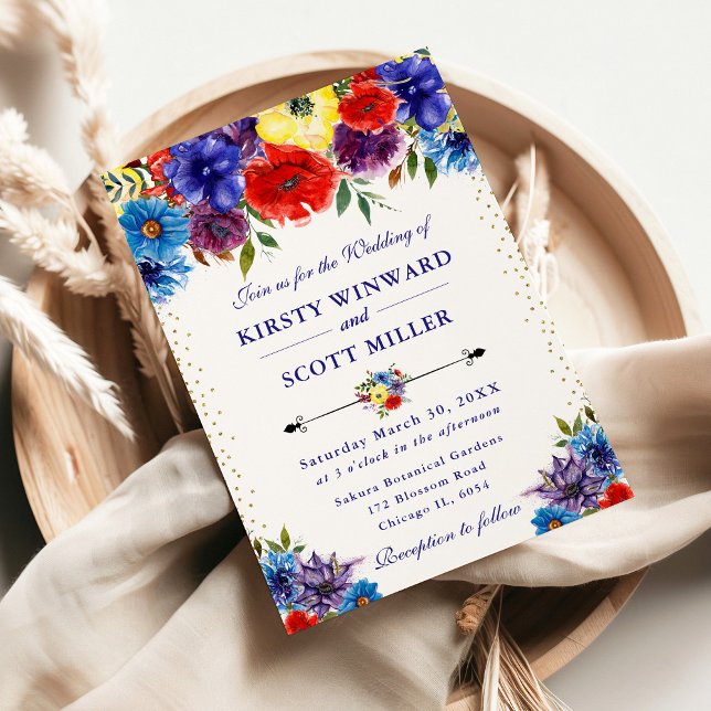 Red, Purple and Blue Summer Flowers Wedding Invitation (Creator Uploaded)