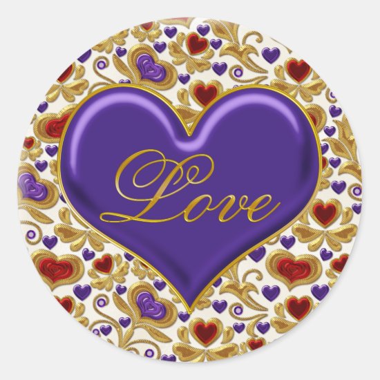 Red Purple and Gold Hearts Ornate Gold Swirls Love Classic Round Sticker