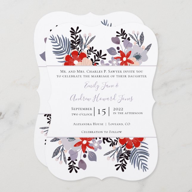 Red Purple and Millennial Floral Ferns Typography Invitation (Front/Back)