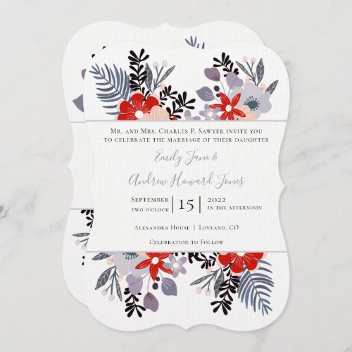 Red Purple and Millennial Floral Ferns Typography Invitation