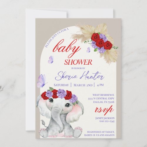Red Purple Baby Elephant  Butterfly Invitation