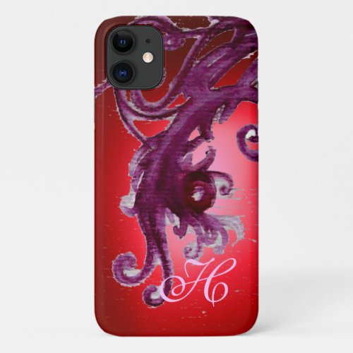 RED PURPLE BERRIES AND FLORAL SWIRLS MONOGRAM  iPhone 11 CASE