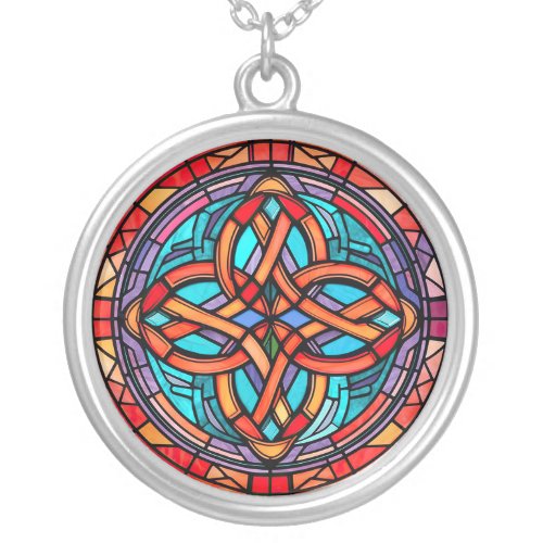 Red Purple Blue Stained Glass Celtic Knot Silver Plated Necklace