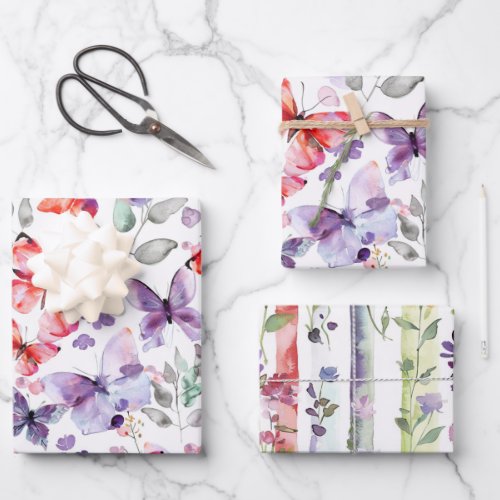 Red Purple Butterflies Flowers Birthday Wrapping Paper Sheets