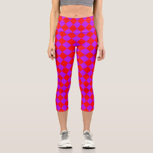 Red Purple Checker Diamond Pattern Capri Leggings