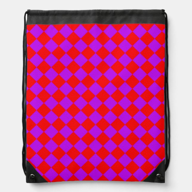 Red Purple Checker Diamond Pattern Drawstring Bag (Front)