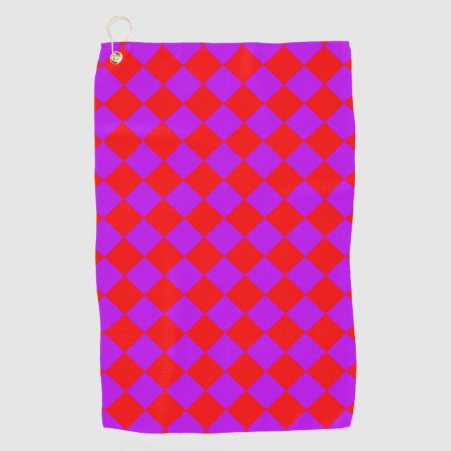 Red Purple Checker Diamond Pattern Golf Towel (Front)