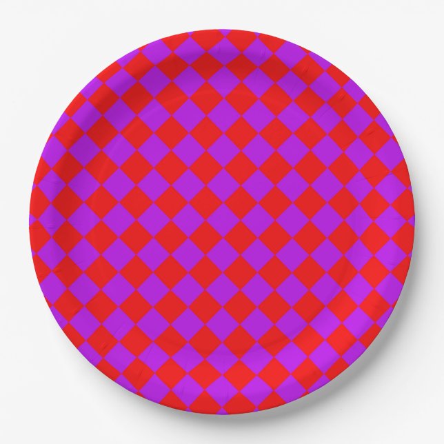 Red Purple Checker Diamond Pattern Paper Plates (Front)