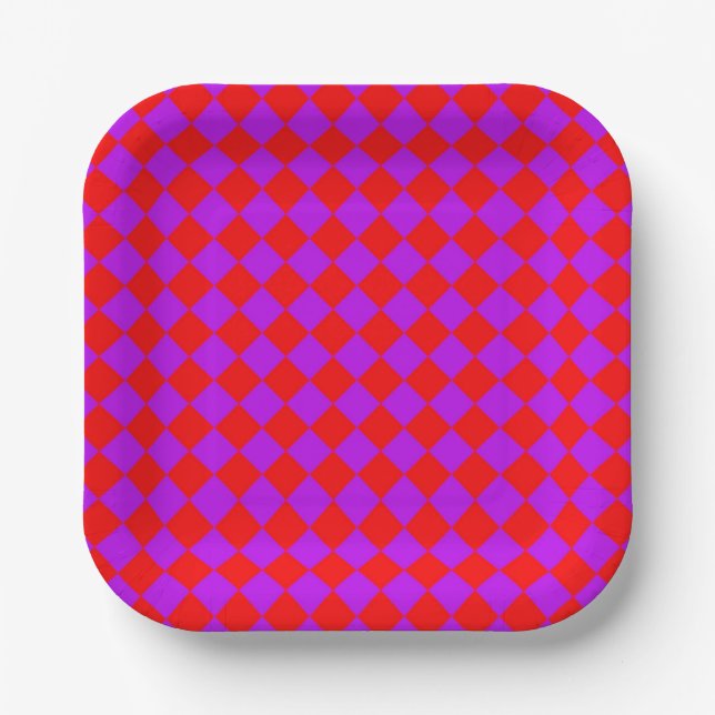 Red Purple Checker Diamond Pattern Paper Plates (Front)