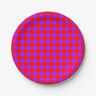 Red Purple Checker Diamond Pattern Paper Plates