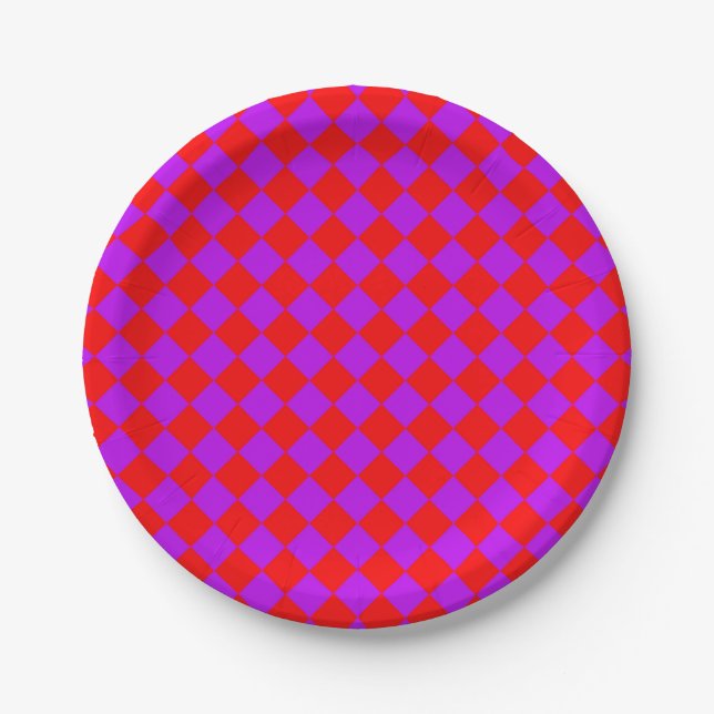 Red Purple Checker Diamond Pattern Paper Plates (Front)