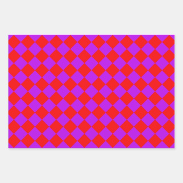 Red Purple Checker Diamond Pattern Wrapping Paper Sheets (Front)
