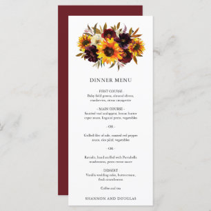 Red Purple Fall Roses Sunflower Rustic Wedding Menu
