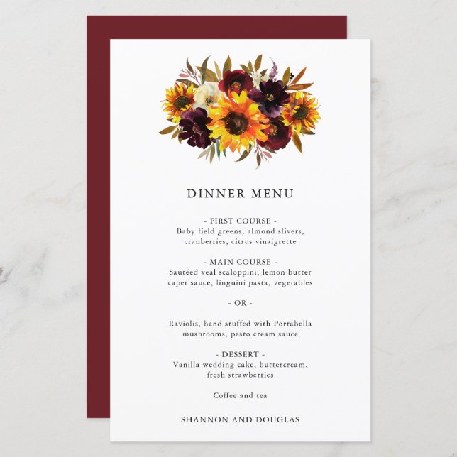 Red Purple Fall Roses Sunflower Wedding Menu (Front/Back)