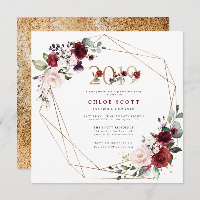 Red Purple Floral Gold Geometric Graduation Invitation (Front/Back)