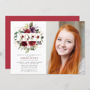 Red Purple Floral Photo Graduation Invitation