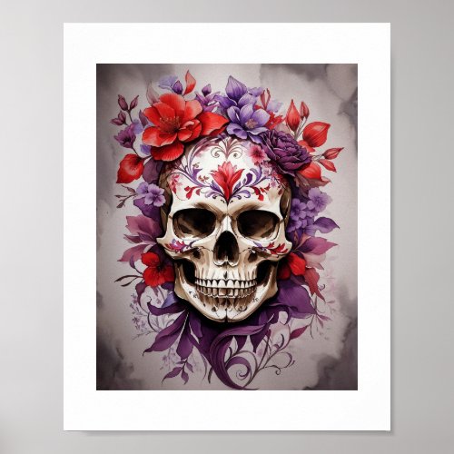 Red  Purple Floral Skull Halloween Wall Art  