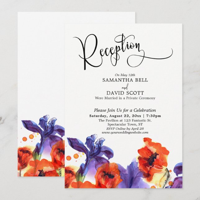Red Purple Floral Watercolor Wedding Reception Invitation (Front/Back)