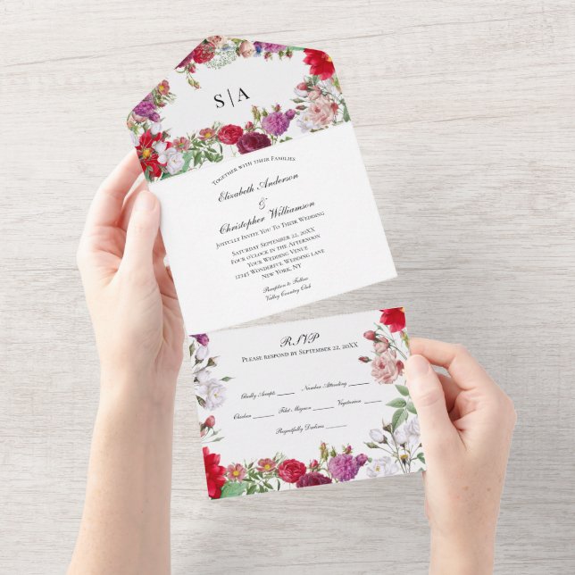 Red Purple Floral Wedding All In One Invitation (Tearaway)