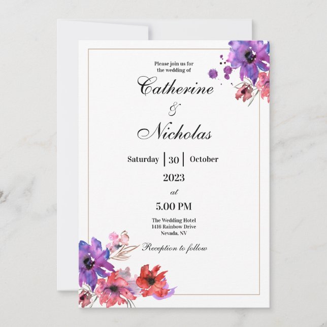 Red & Purple Floral Wedding Invitation Card (Front)