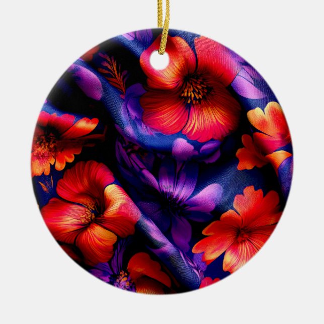 Red Purple Flower Design Ceramic Ornament (Front)