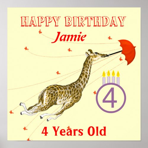 Red  Purple Flying Giraffe Birthday Poster