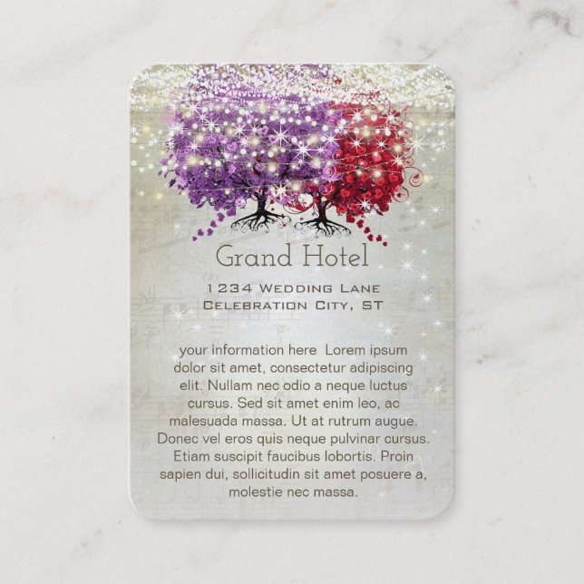 Red Purple Heart Leaf Tree Wedding Info Cards (Front)
