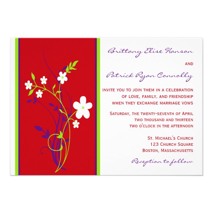 Red, Purple, Lime, White Floral Wedding Invitation