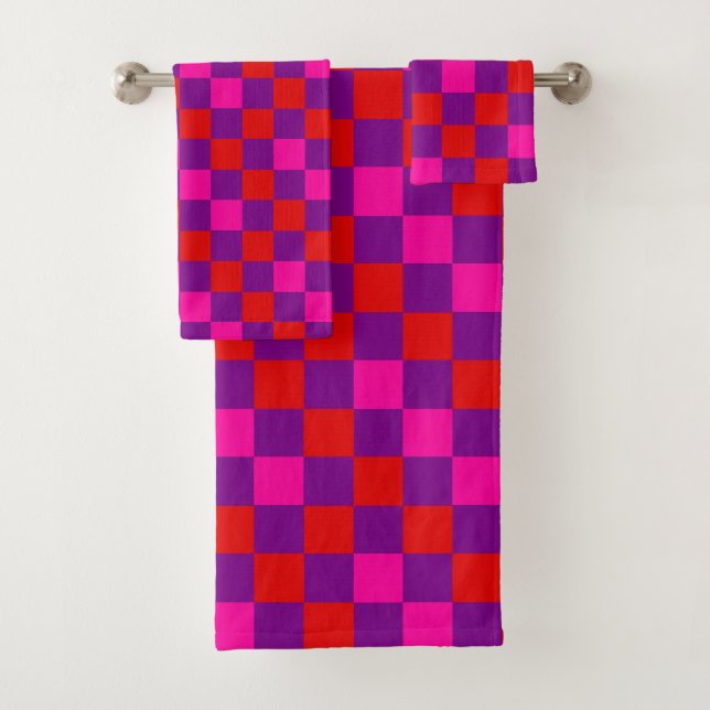 Red Purple Pink Checkered Pattern Design  Bath Towel Set (Insitu)