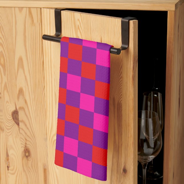 Red Purple Pink Checkered Pattern Design  Kitchen Towel (Thirds Fold)