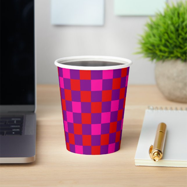 Red Purple Pink Checkered Pattern Design  Paper Cups (Insitu)